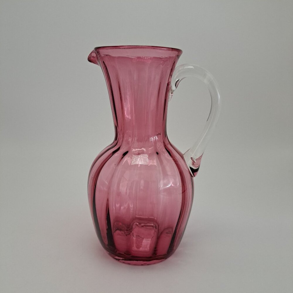 Pilgrim Cranberry Glass Handblown Art Glass Panel Pitcher Vase With Clear Handle